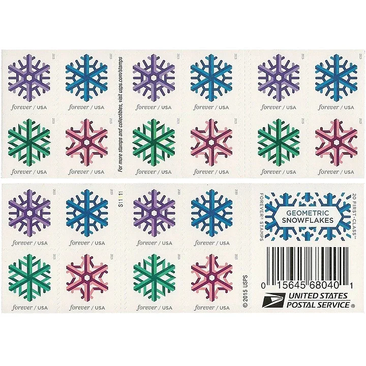Both sides of a Geometric Snowflakes Forever stamp booklet showing four designs