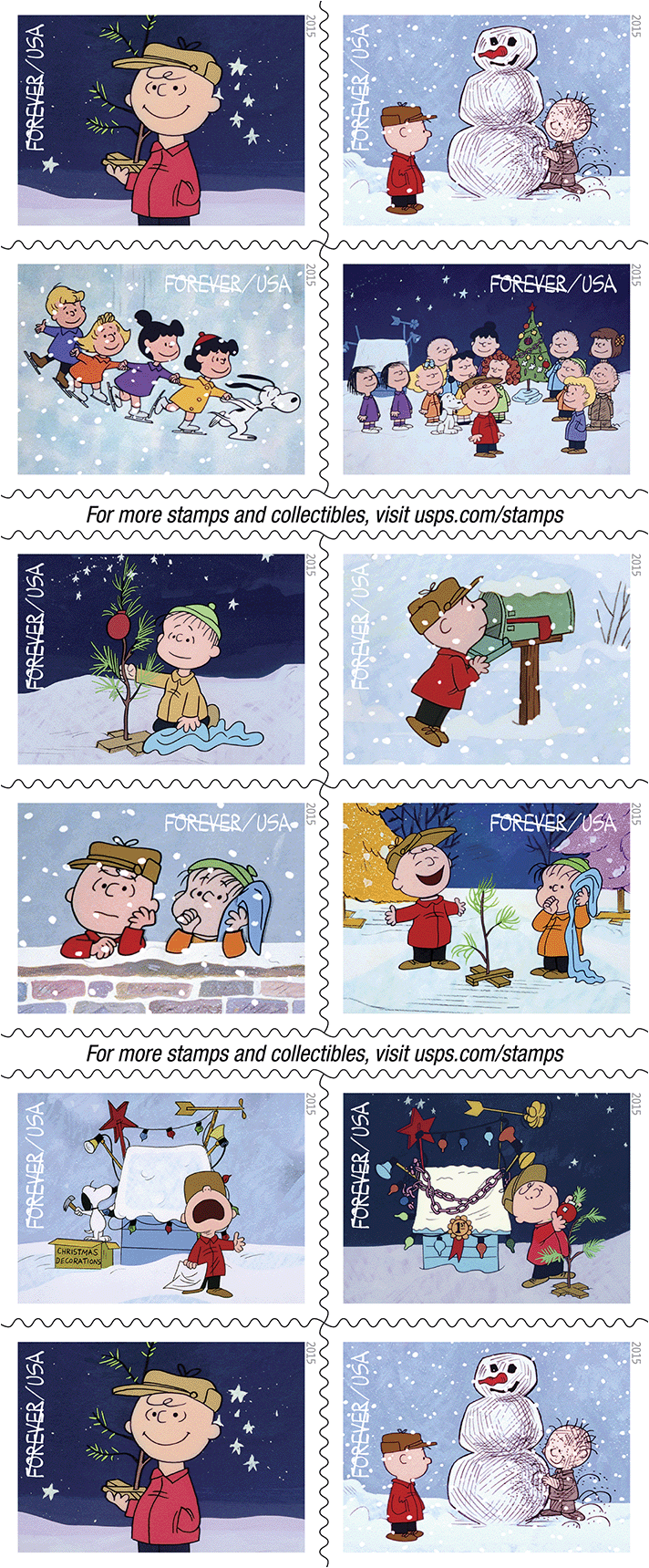 2015 A Charlie Brown Christmas Stamps | Forever Stamps US Postage Stamps